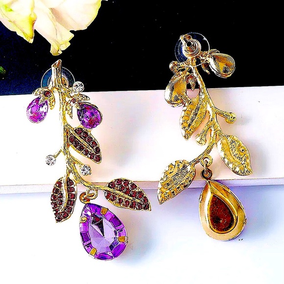 Eggplant Purple Crystal Coconut Stud Dangle Drop Earrings - Picture 3 of 3